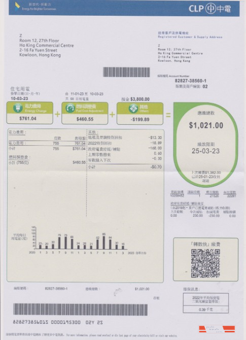 Hong Kong CLP power utility bill in PSD format